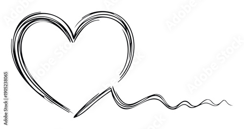 Hand drawn heart shape connected by a flowing continuous wavy line creating a minimalistic expressive graphic for romantic celebrations emotional messaging or health related content.