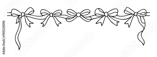 Black outline drawing of a decorative ribbon garland featuring five simple bows on a string, perfect for adding a festive touch to invitations, greeting cards, or event decorations.