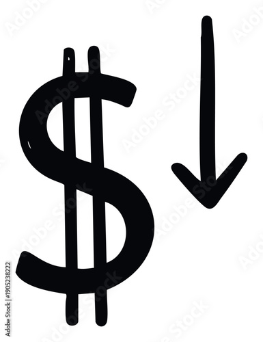 Hand drawn dollar symbol with a clear downward arrow indicating currency depreciation economic downturn financial recession market decrease or reduced spending power for economic news and