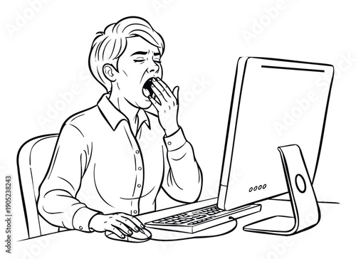 A fatigued office worker yawning and covering their mouth with a hand while sitting at a computer, useful for illustrating topics of burnout and long hours.