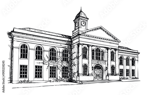 Detailed black line drawing of a classic university or government building featuring a prominent clock tower and grand entrance, useful for academic publications or civic history projects.