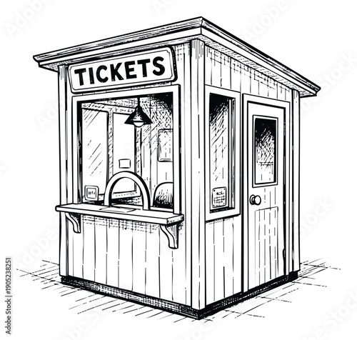 Hand drawn black and white sketch of a classic ticket booth or kiosk, perfect for event promotion, fairground entrance, or vintagethemed visuals