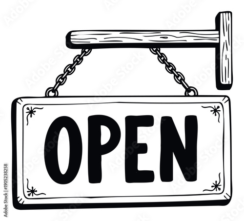 Classic hand drawn style OPEN hanging sign suspended by chains from a wooden beam, perfect for storefronts, welcoming customers, and indicating business availability.