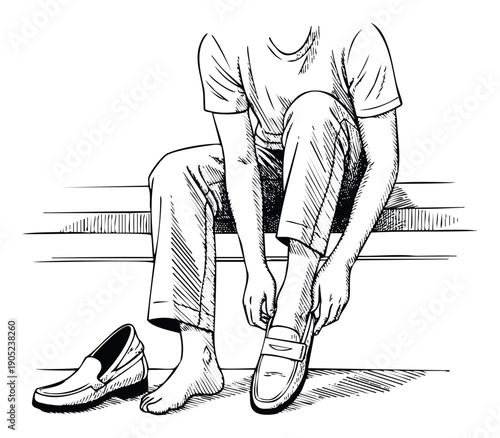 Person sitting on a bench putting on a slipon loafer shoe, showcasing an everyday routine and comfortable attire for lifestyle blogs or clothing advertisements
