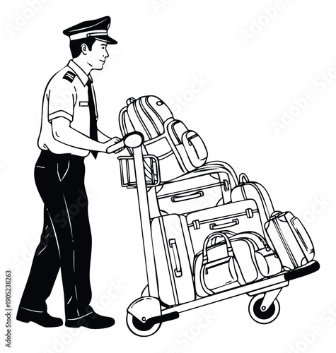 Professional pilot pushing a heavy luggage cart full of various suitcases and travel bags, ideal for promoting airport services, travel agencies, and vacation destinations.