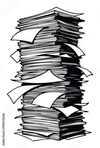 Tall disordered stack of paper symbolizing heavy workload and administrative tasks perfect for business office productivity management and deadline pressure projects