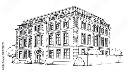 Elegant classical architectural line drawing of a grand building with a mansard roof, ideal for historical context, real estate presentations, or educational materials