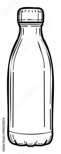 Minimalist ink sketch of a simple empty liquid bottle with a cap, perfect for beverage packaging representations, product layouts, or educational material