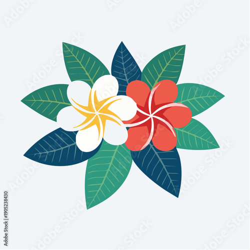 Vibrant plumeria blossoms surrounded by lush leaves in a vector graphic design