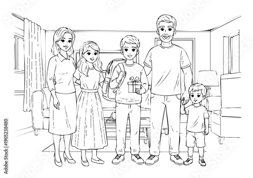 Joyful family portrait featuring smiling parents, a teenage daughter, a son with a gift and backpack, and a young boy, creating a heartwarming scene for childrens learning and coloring