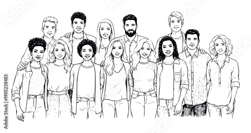 A vibrant diverse group of smiling young adults representing community and collaboration stands together, ideal for showcasing teamwork, education, or social connection concepts.