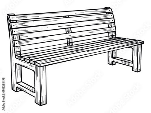 Hand drawn outline of a classic wooden park bench with slatted seating and backrest, ideal for outdoor leisure area designs and architectural blueprints.