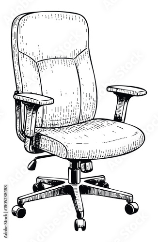 Detailed black and white sketch of an ergonomic office chair perfect for business workspace concepts, furnishing catalogs, and professional office environment visuals