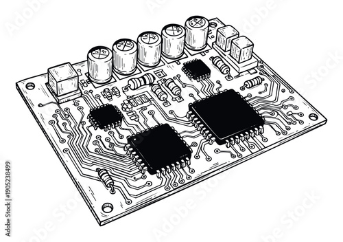 Monochrome handdrawn circuit board featuring integrated circuits, capacitors, and resistors, suitable for technology documentation, educational materials, and electronic hardware design