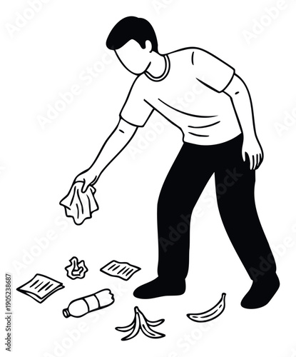 A person bending down to pick up scattered rubbish from the ground, promoting environmental care and responsible waste disposal for public awareness campaigns.