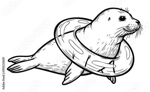 A black and white sketch of a marine seal entangled in a plastic ring, highlighting ocean pollution and environmental issues, perfect for conservation campaigns or educational materials.