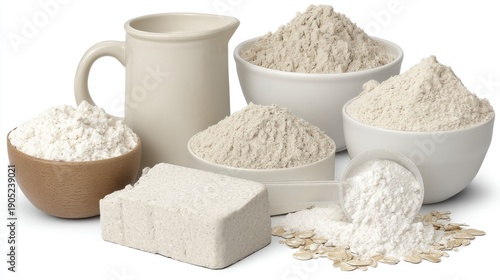 Various Types of Flour and Baking Ingredients Displayed in Different Bowls and Containers in a Kitchen Setting