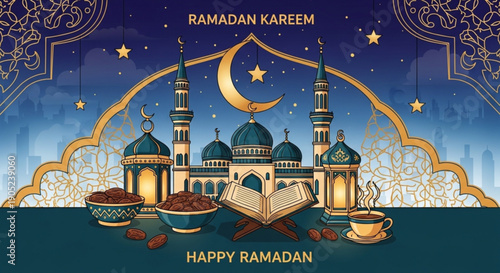 Ramadan kareem greeting card with mosque crescent moon quran coffee and dates on a decorative background