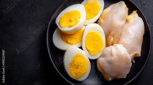 Plate of Soft Boiled Eggs and Fresh Scallops Served on Black Background for Gourmet Culinary Experience