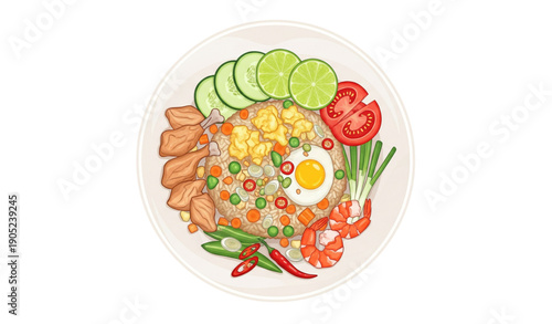 Khao Pad Thai fried rice top view vector illustration with chicken and prawns