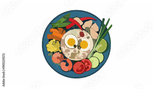 Authentic Thai Khao Pad fried rice top view vector art for restaurant branding