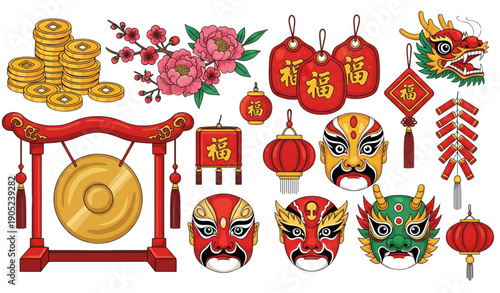 Vivid cartoon Chinese New Year decorations with coins and dragon mask