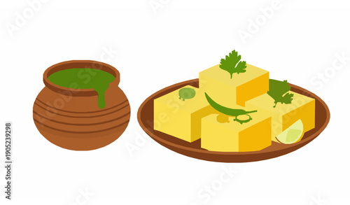 Flat Khaman Dhokla illustration with green chutney Indian Gujarati snack