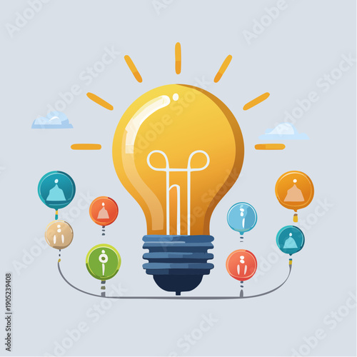 Bright Idea Lightbulb with Connected People Icons.