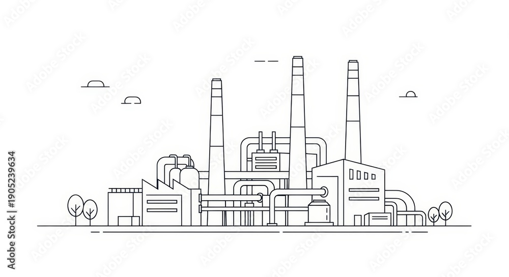 Obraz premium Industrial Power Plant Factory with Smokestacks and Pipes, Minimalist Line Art