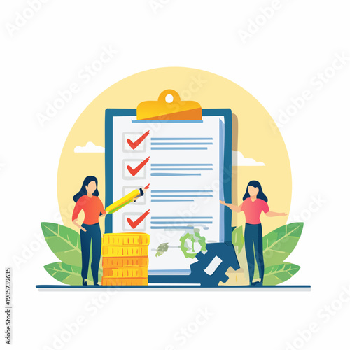 Two women reviewing and completing a checklist on a large clipboard.