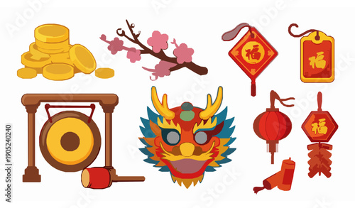 Cartoon Chinese New Year icons set with coins, dragon mask and souvenirs