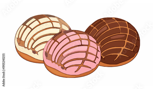 Mexican concha sweet bread illustration set with vanilla strawberry and chocolate flavors
