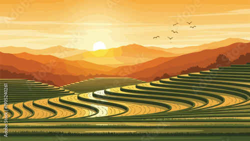 Pixelated illustration of layered rice fields, mountains, and sun in a warm light
