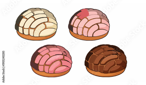 Cartoon Mexican concha sweet breads in vanilla strawberry and chocolate flavors