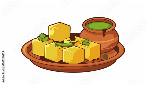 Cartoon Khaman Dhokla Gujarati street snack illustration with chutney
