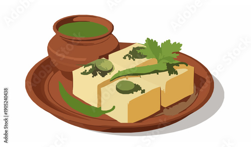 Khaman Dhokla Gujarati snack vector illustration with green chutney on mud plate