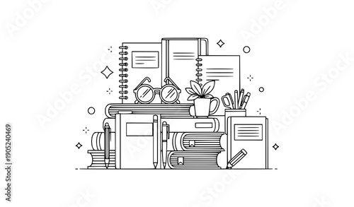 Minimal outline icons of items on books for articles, websites, and publications