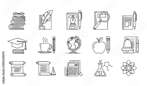 Line icons of items on books with editable stroke for web and editorial use