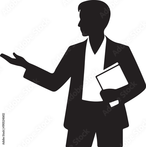Black silhouette of man in suit holding papers and gesturing