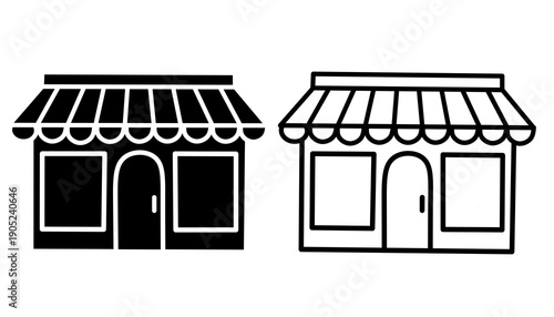 Store icon.Shop awning icons set in solid and outline style. Striped storefront canopy symbols for retail and market. Minimalist roof element vector illustration for business design.