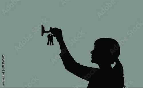 Woman Silhouette Holding House Keys at Door Lock