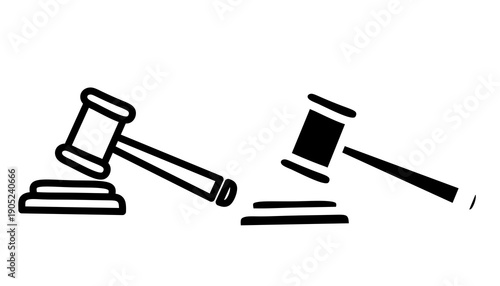 Judge gavel icons set in outline and solid silhouette style. Auction hammer symbols for justice, law, and legal authority. Minimalist courtroom gavel vector illustration.