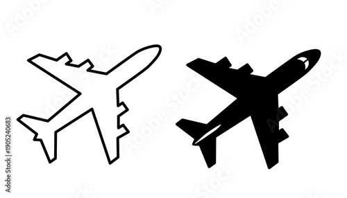 Airplane icons set in outline and solid silhouette style. Commercial aircraft symbols for travel, flight, and aviation. Minimalist plane vector illustration for transportation and tourism.
