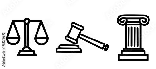 Justice and law icons set in minimalist outline style. Scales of justice, judge gavel, and law pillar symbols for legal services. Courtroom and legislation vector illustration elements