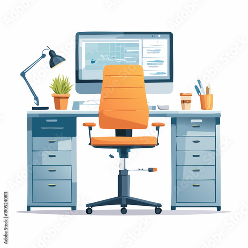 Modern office workspace with chair, computer, and desk organizers on a clean white background viewed directly from the front