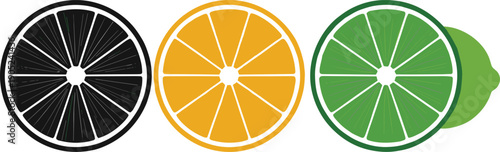 Citrus slice icon set with black lemon orange and green lime cross sections flat vector illustration isolated