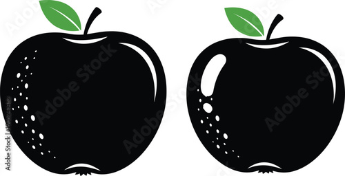 Black apple silhouette icon set with glossy fruit shapes and green leaves minimal vector illustration isolated