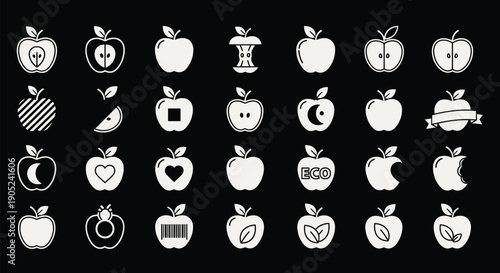 Apple icon mega set with silhouette outline cut shapes eco labels and sliced fruit symbols vector illustrations isolated
