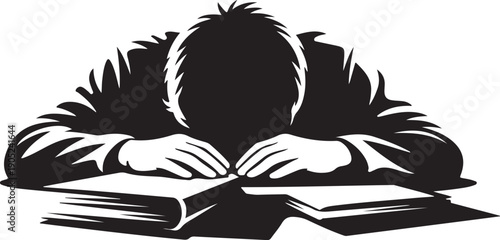 Person sleeping on open book with arms resting on it