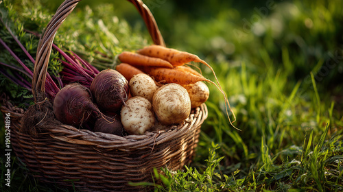 Freshly harvested vegetables in a wicker basket on grass